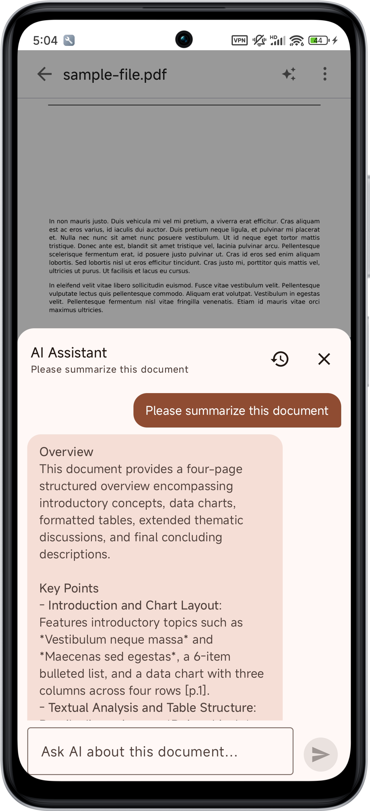 AI PDF summarization with key points and page citations